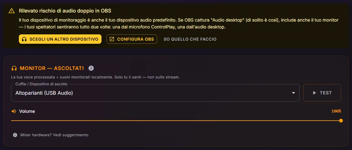 Impostazioni audio di ControlPlay con il banner Rilevato rischio di audio doppio in OBS sopra la scheda Monitor, il cui dispositivo di ascolto è Altoparlanti (USB Audio)