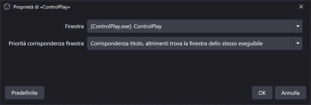 Proprietà di una fonte Cattura audio applicazioni in OBS: Finestra [ControlPlay.exe]: ControlPlay, Priorità corrispondenza finestra su Corrispondenza titolo, altrimenti trova la finestra dello stesso eseguibile