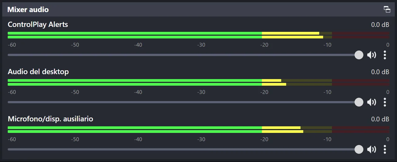 Mixer audio di OBS con gli indicatori in movimento di ControlPlay Alerts, Audio del desktop e Microfono/disp. ausiliario