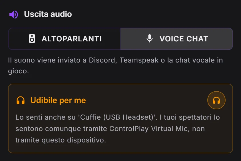 Editor degli effetti sonori di ControlPlay: Uscita audio su Voice Chat e Udibile per me attivato