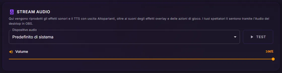 Impostazioni di ControlPlay, Audio: la scheda Stream Audio con Dispositivo audio su Predefinito di sistema, il pulsante Test e il cursore Volume al 100%