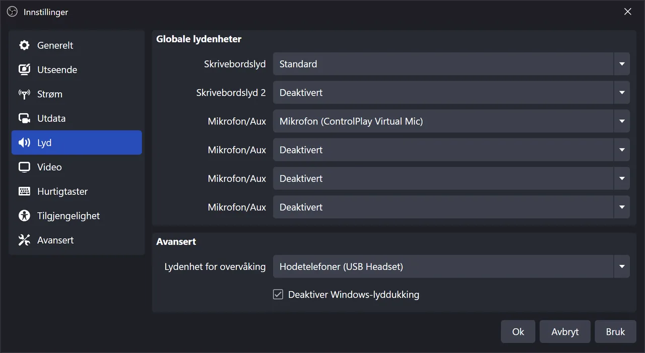 OBS-lydoppsett for ControlPlay: lyder, TTS og stemme uten ekko