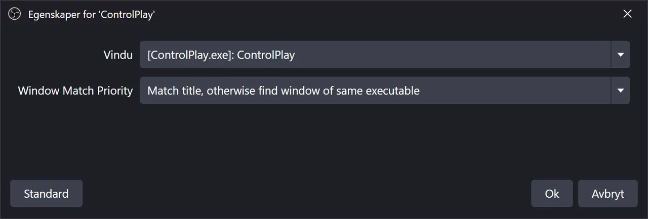 OBS-egenskaper for en Application Audio Capture-kilde: Vindu [ControlPlay.exe]: ControlPlay, Window Match Priority på Match title, otherwise find window of same executable