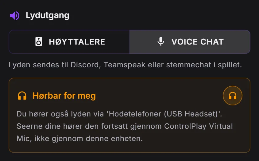Lydeffekt-editoren i ControlPlay: Lydutgang med Voice Chat valgt og Hørbar for meg slått på