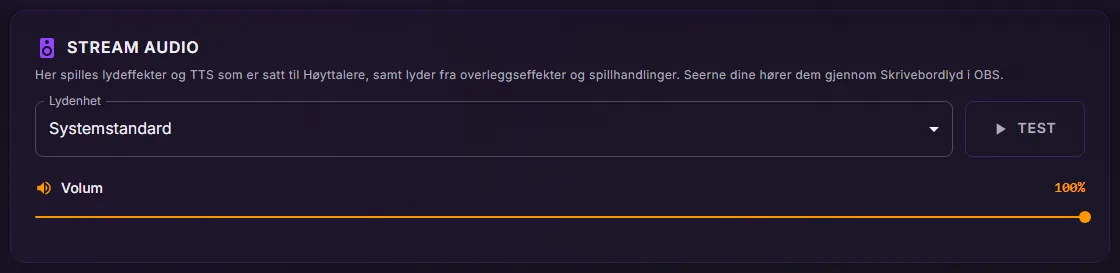 ControlPlay Innstillinger, Audio: kortet Stream Audio med Lydenhet på Systemstandard, Test-knappen og Volum-glidebryteren på 100 %