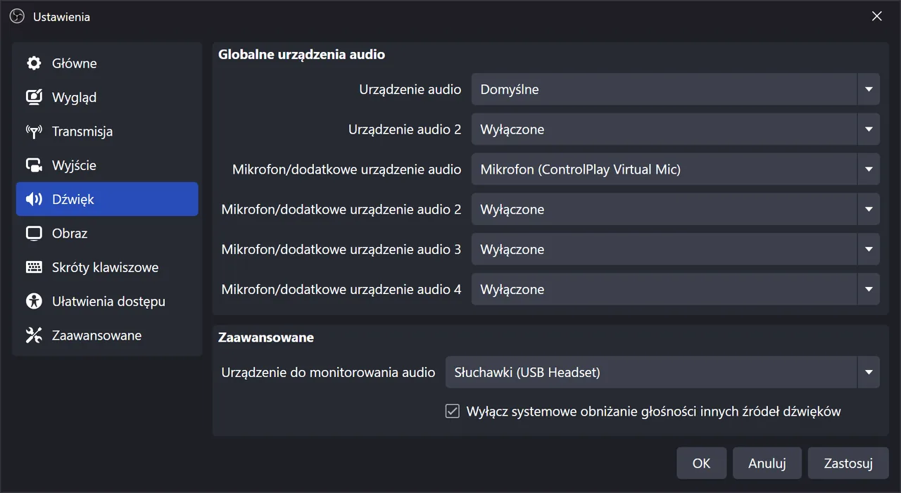 Konfiguracja dźwięku w OBS dla ControlPlay: efekty dźwiękowe, TTS i głos bez echa
