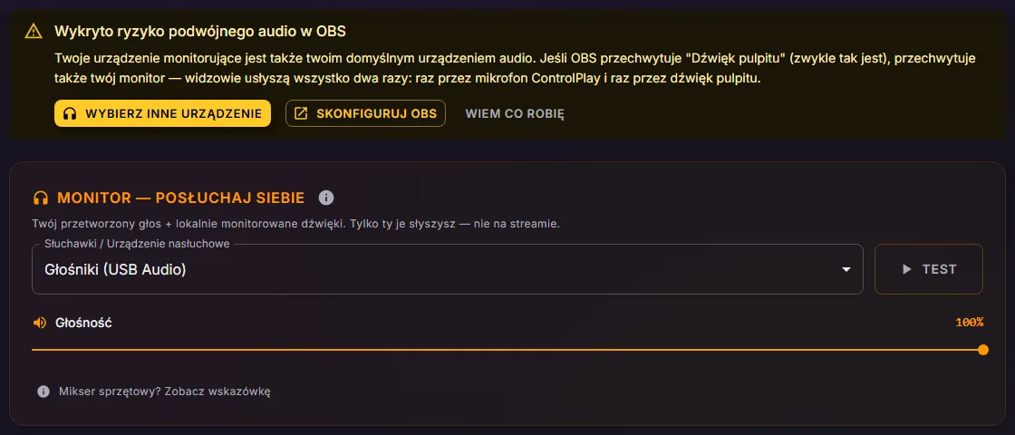 Ustawienia audio ControlPlay z banerem Wykryto ryzyko podwójnego audio w OBS nad kartą Monitor z urządzeniem nasłuchowym Głośniki (USB Audio)