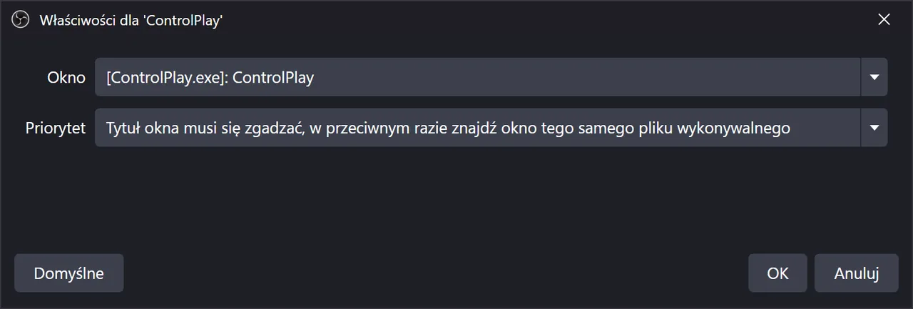 Właściwości źródła Przechwytywanie dźwięku aplikacji w OBS: Okno [ControlPlay.exe]: ControlPlay, Priorytet na Tytuł okna musi się zgadzać, w przeciwnym razie znajdź okno tego samego pliku wykonywalnego