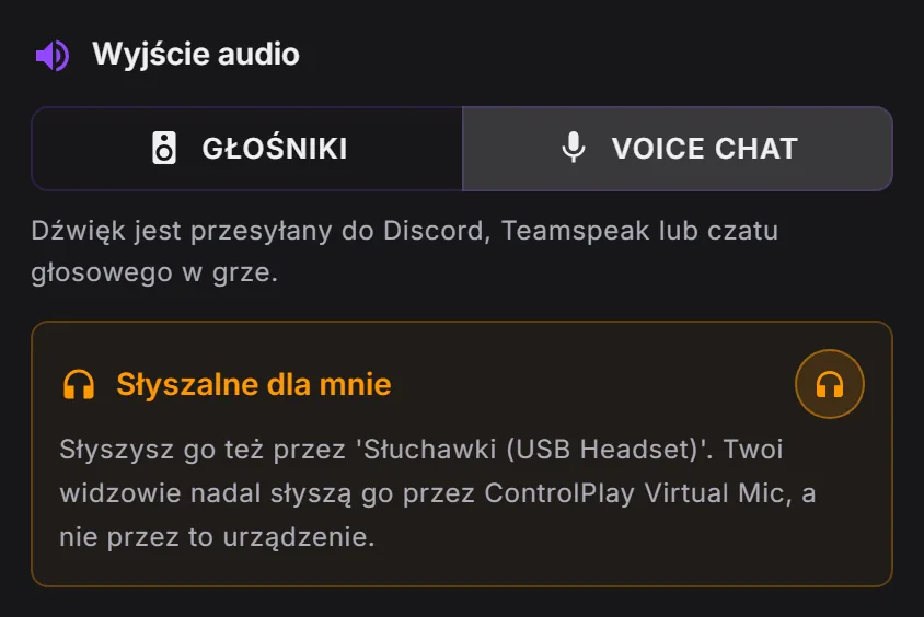 Edytor efektu dźwiękowego ControlPlay: Wyjście audio z wybranym Voice Chat i włączonym Słyszalne dla mnie