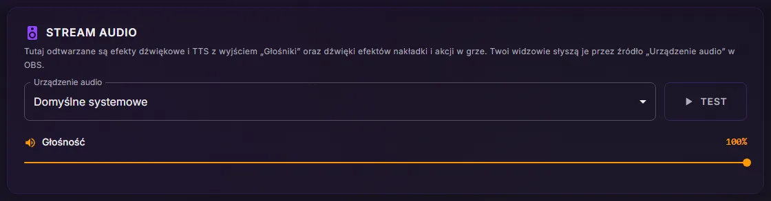 Ustawienia ControlPlay, Audio: karta Stream Audio z Urządzeniem audio na Domyślne systemowe, przyciskiem Test i suwakiem Głośność na 100%