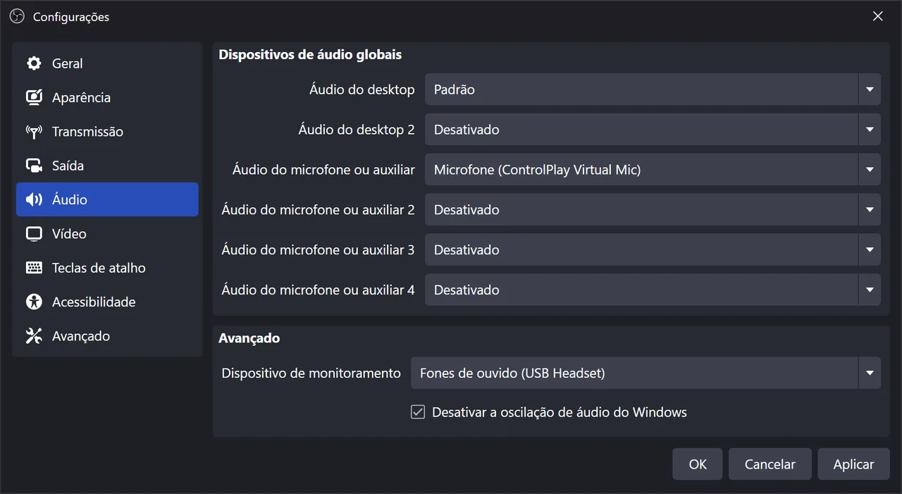 Configurar o áudio do OBS para o ControlPlay: sons, TTS e voz sem eco