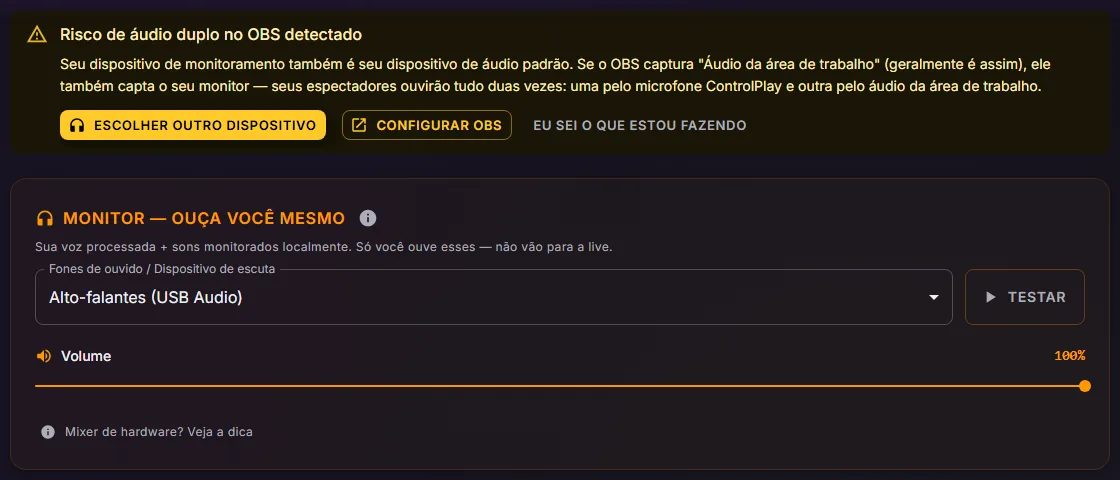 Configurações de áudio do ControlPlay com o aviso de risco de áudio duplo no OBS acima do card Monitor, cujo dispositivo de escuta é Alto-falantes (USB Audio)
