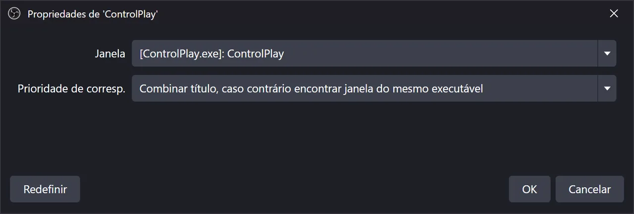 Propriedades de uma fonte Captura de áudio de aplicativo no OBS: Janela [ControlPlay.exe]: ControlPlay, Prioridade de corresp. em Combinar título, caso contrário encontrar janela do mesmo executável