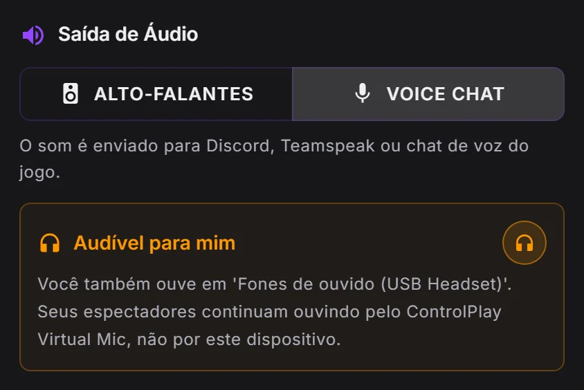 Editor de efeito sonoro do ControlPlay: Saída de Áudio com Voice Chat selecionado e Audível para mim ligado