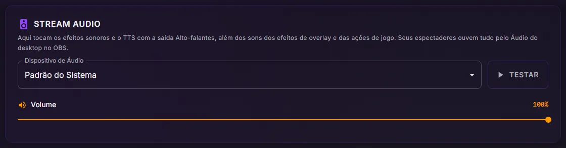 Configurações do ControlPlay, Áudio: o card Stream Audio com Dispositivo de Áudio em Padrão do Sistema, o botão Testar e o controle de Volume em 100%