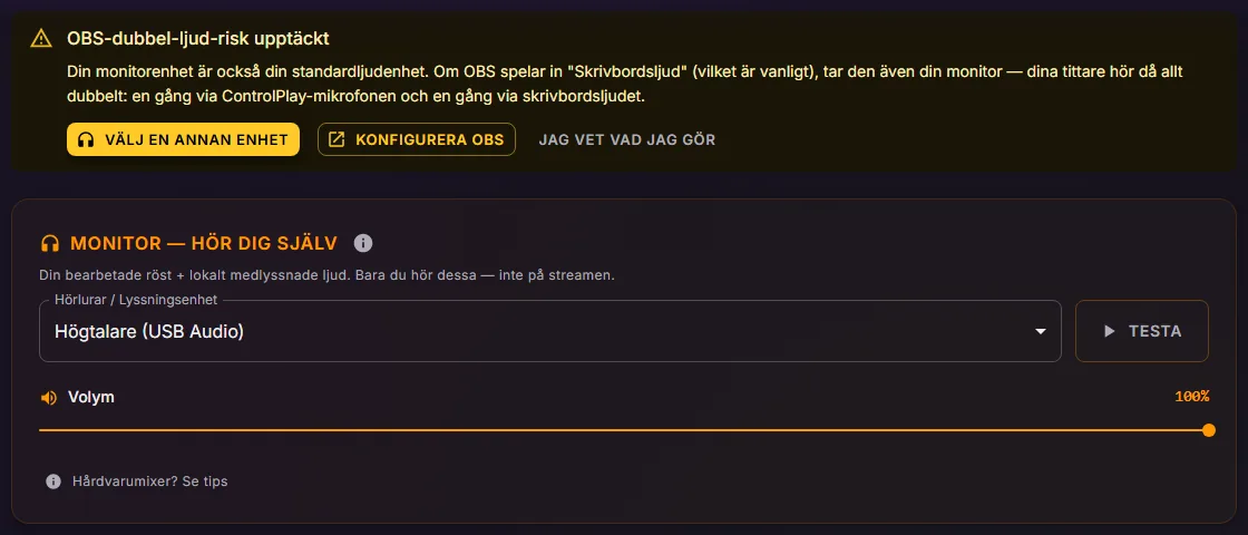 ControlPlays ljudinställningar med bannern OBS-dubbel-ljud-risk upptäckt ovanför kortet Monitor, vars lyssningsenhet är Högtalare (USB Audio)