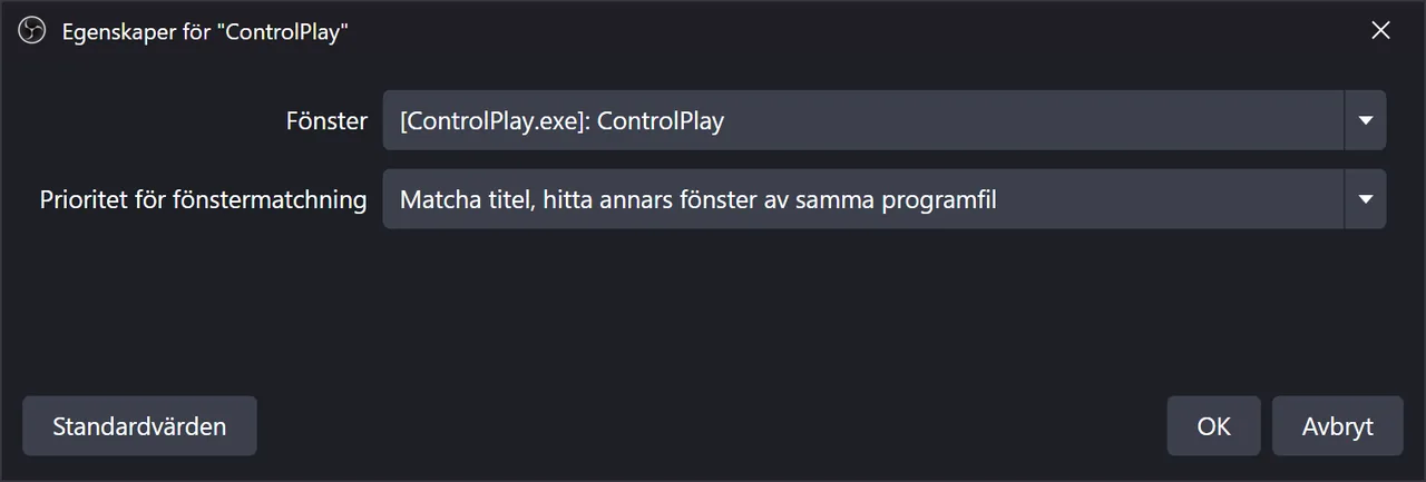 Egenskaper för en Applikationsljudupptagning i OBS: Fönster [ControlPlay.exe]: ControlPlay, Prioritet för fönstermatchning på Matcha titel, hitta annars fönster av samma programfil