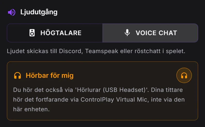 Redigering av en ljudeffekt i ControlPlay: Ljudutgång på Voice Chat och Hörbar för mig påslaget