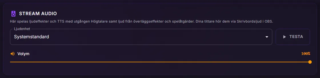 ControlPlay Inställningar, Audio: kortet Stream Audio med Ljudenhet på Systemstandard, knappen Testa och reglaget Volym på 100 %