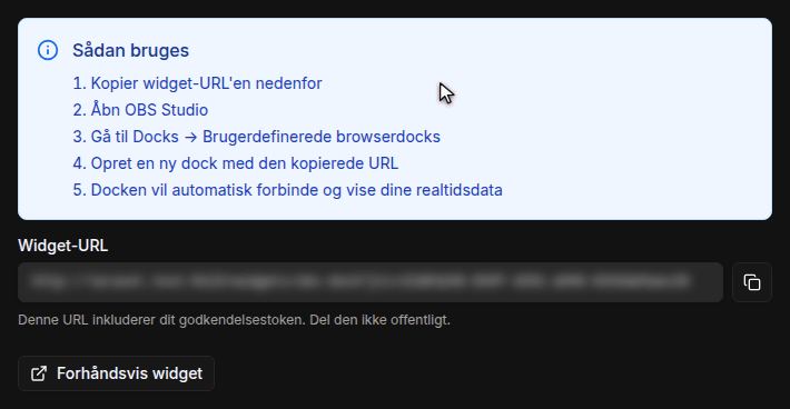Widget-siden med kortet OBS Dock, vejledningen og kopiknappen ved siden af den slørede Widget-URL