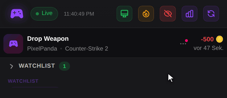 Kopfzeile des OBS Docks: ein Klick auf das Monitor-Symbol, dann auf das Flammen-Symbol, danach zählen beide Buttons von 30 herunter