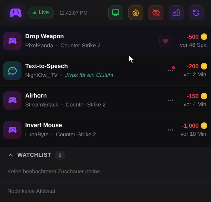 OBS Dock: Ein Klick auf das Uhr-Symbol öffnet Zuschauer timeouten, 15 Min wird gewählt, der Zuschauer erscheint unter Timeouts mit Countdown