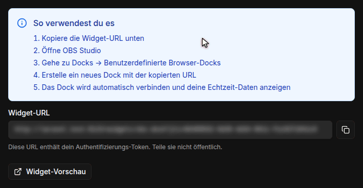 Widget-Seite mit der Karte OBS Dock, der Anleitung und dem Kopier-Button neben der unscharf gemachten Widget-URL