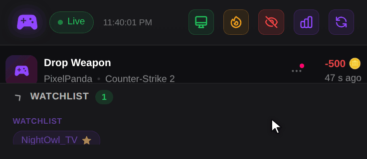 OBS Dock header: a click on the monitor icon and then on the flame icon, both buttons then count down from 30