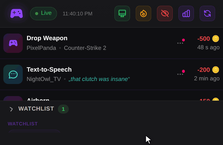 OBS Dock: the mouse points at an action, the buttons slide out, a click on Refund fades the row