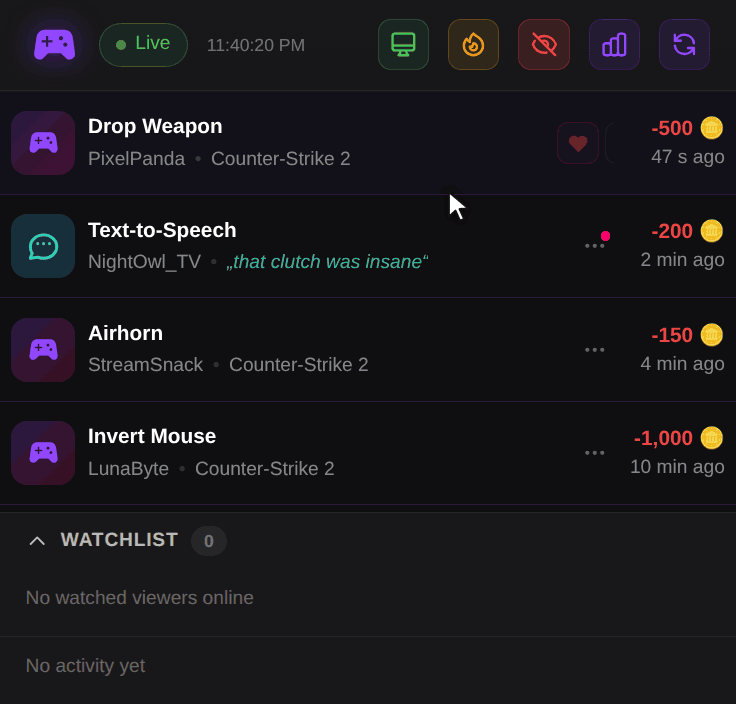 OBS Dock: a click on the clock icon opens Timeout viewer, 15 min is picked, the viewer shows up under Timeouts with a countdown