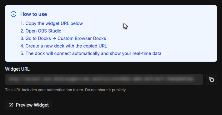 Widget page with the OBS Dock card, the How to use steps and the copy button next to the blurred Widget URL