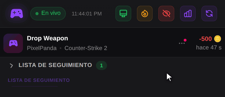 Cabecera del Dock de OBS: un clic en el icono del monitor y luego en el de la llama, después los dos botones cuentan hacia atrás desde 30