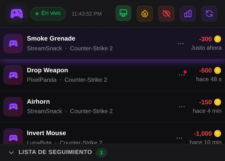 Dock de OBS de ControlPlay: acciones en directo, reembolsos y timeouts