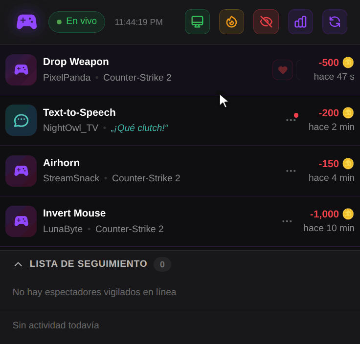 Dock de OBS: un clic en el icono del reloj abre Expulsar temporalmente al espectador, se elige 15 min y el espectador aparece en Expulsiones temporales con una cuenta atrás