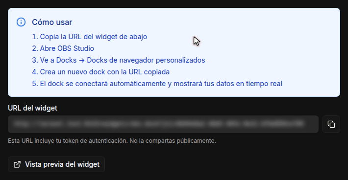 Página del widget con la tarjeta Dock de OBS, los pasos de uso y el botón de copiar junto a la URL del widget difuminada