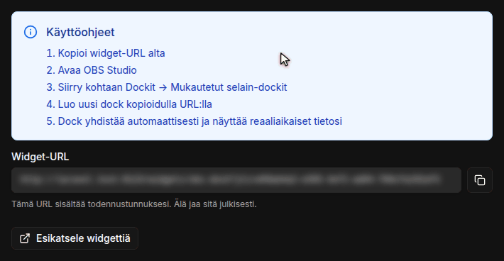 Widget-sivu, jossa OBS Dock -kortti, käyttöohjeen vaiheet ja kopiointipainike sumennetun Widget-URL:n vieressä