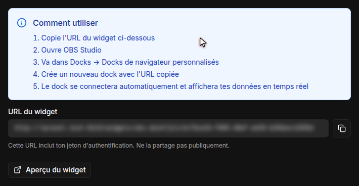 Page du widget avec la carte Dock OBS, les étapes d'utilisation et le bouton de copie à côté de l'URL du widget floutée
