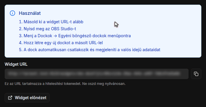 A widget oldal az OBS Dock kártyával, a használati lépésekkel és a homályosított Widget URL melletti másolás gombbal