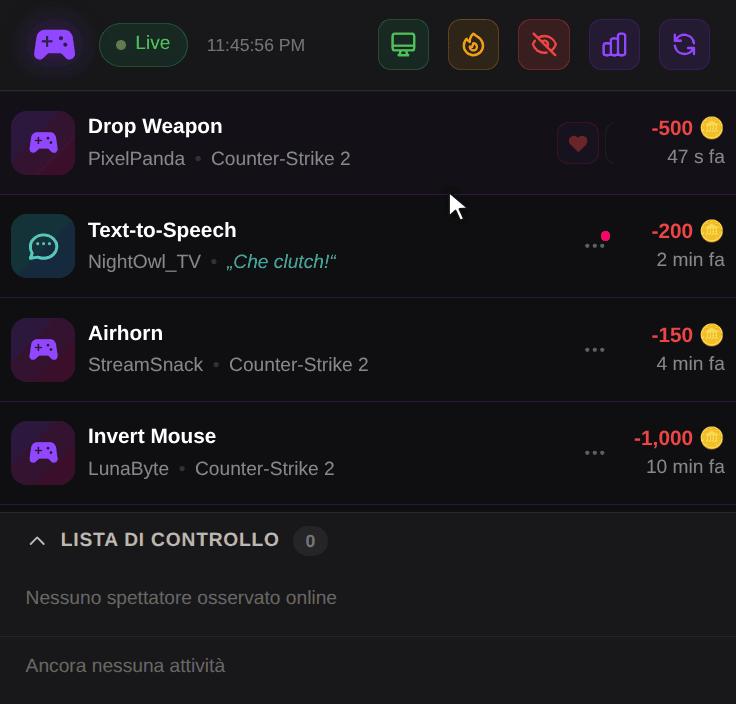 OBS Dock: un clic sull'icona dell'orologio apre Sospendi temporaneamente lo spettatore, viene scelto 15 min e lo spettatore compare sotto Sospensioni temporanee con il conto alla rovescia