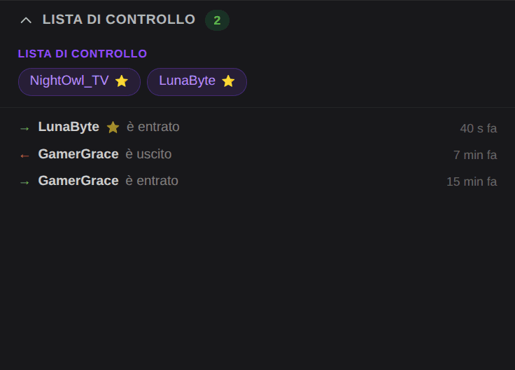 Lista di controllo dell'OBS Dock: entra un VIP con due stelle e il ticker mostra il suo nome con «è entrato»