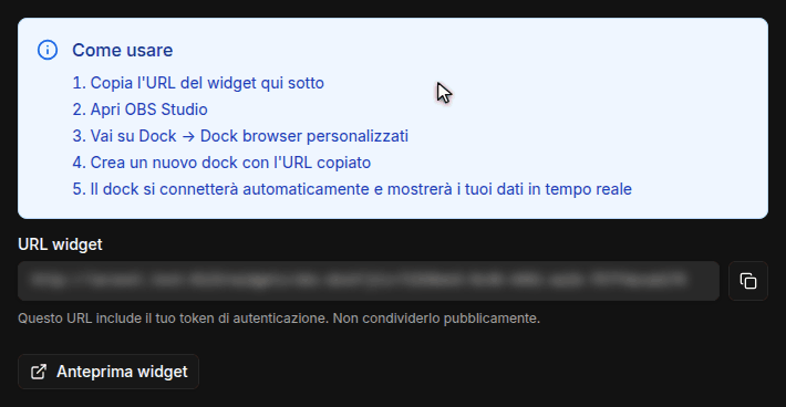 Pagina del widget con la scheda Dock OBS, i passaggi sotto Come usare e il pulsante di copia accanto all'URL widget sfocato