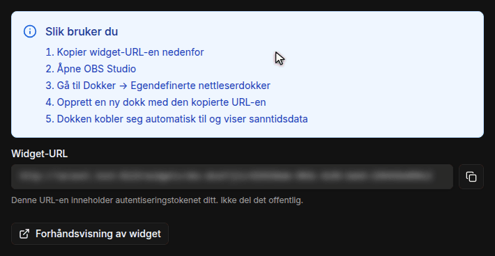 Widget-siden med kortet OBS Dock, trinnene for oppsett og kopieringsknappen ved siden av den slørede Widget-URL-en