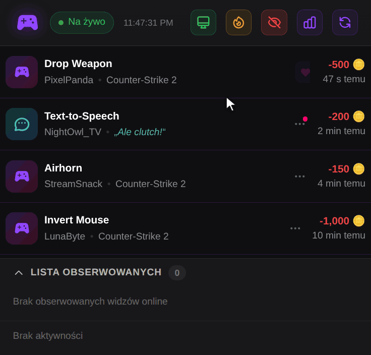 OBS Dock: kliknięcie ikony zegara otwiera okno Wycisz widza, wybrane jest 15 min, widz pojawia się w grupie Wyciszeni z odliczaniem