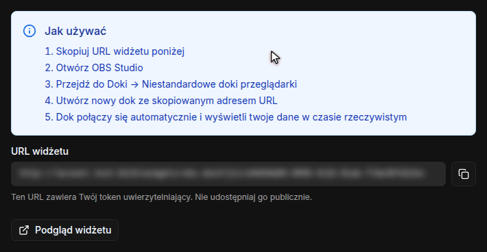 Strona widżetów z kartą OBS Dock, krokami instrukcji i przyciskiem kopiowania obok rozmytego URL widżetu