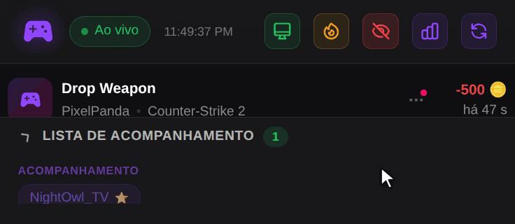 Topo do Dock do OBS: um clique no ícone de monitor e depois no ícone de chama, e os dois botões fazem uma contagem regressiva a partir de 30
