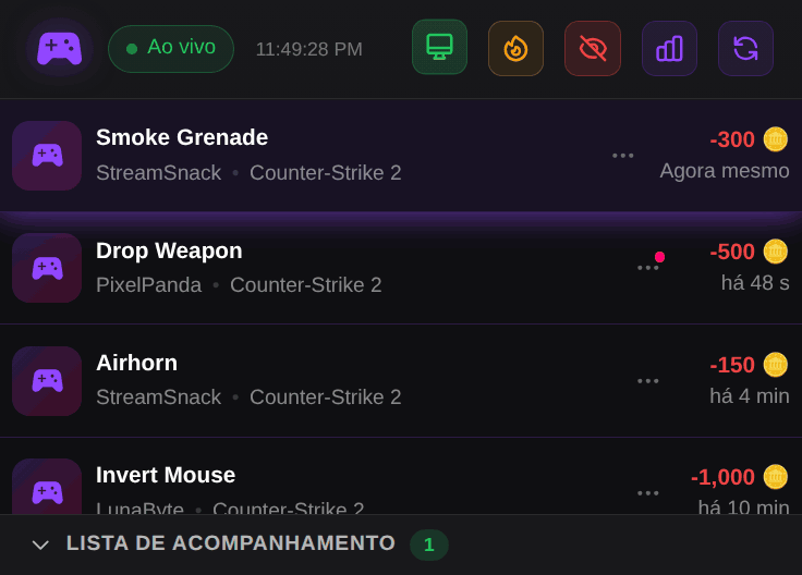 Dock do OBS do ControlPlay: ações ao vivo, reembolsos, timeouts e ajuda aos espectadores