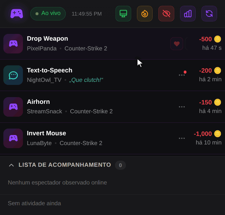 Dock do OBS: um clique no ícone de relógio abre Suspender espectador temporariamente, 15 min é escolhido e o espectador aparece em Suspensões temporárias com uma contagem regressiva
