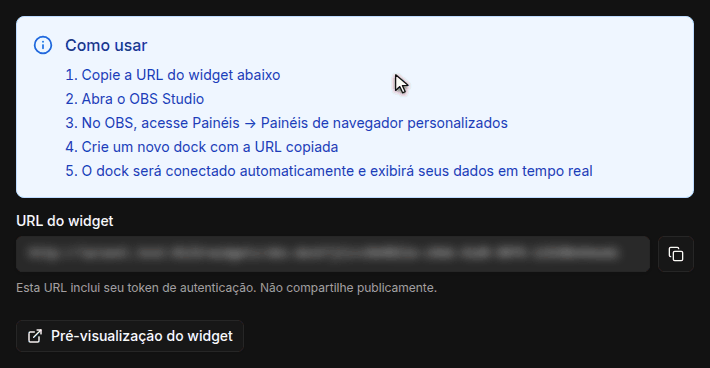 Página de widgets com o card Dock do OBS, as instruções de uso e o botão de copiar ao lado da URL do widget desfocada