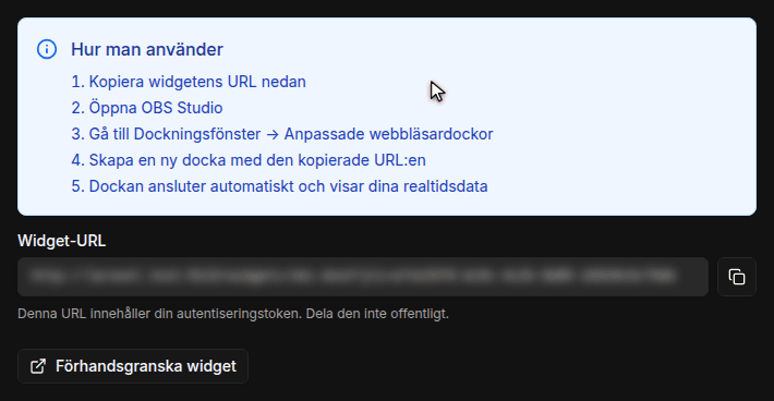 Widgetsidan med kortet OBS Dock, stegen för hur du använder den och kopieringsknappen bredvid den suddiga Widget-URL:en