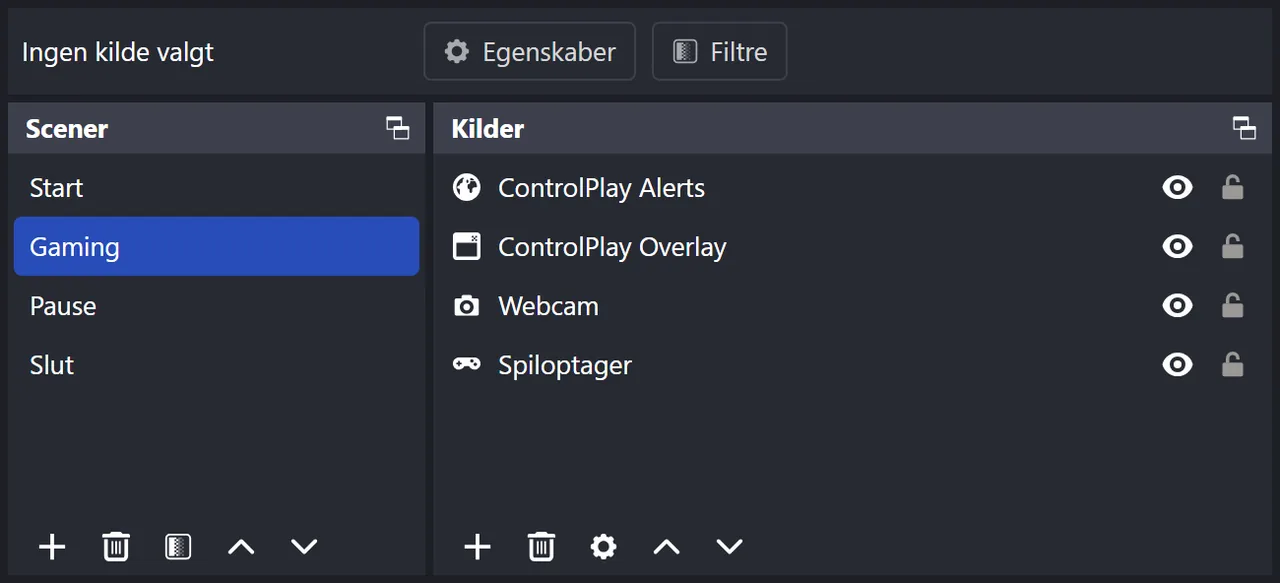 OBS' Scener og Kilder: i scenen Gaming ligger ControlPlay Alerts øverst efterfulgt af ControlPlay Overlay, et webcam og Spiloptager